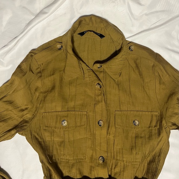 Zara Shirt Dress Tan Camel Color Pockets Belt Long Sleeve Size X-small Collar - Picture 10 of 15
